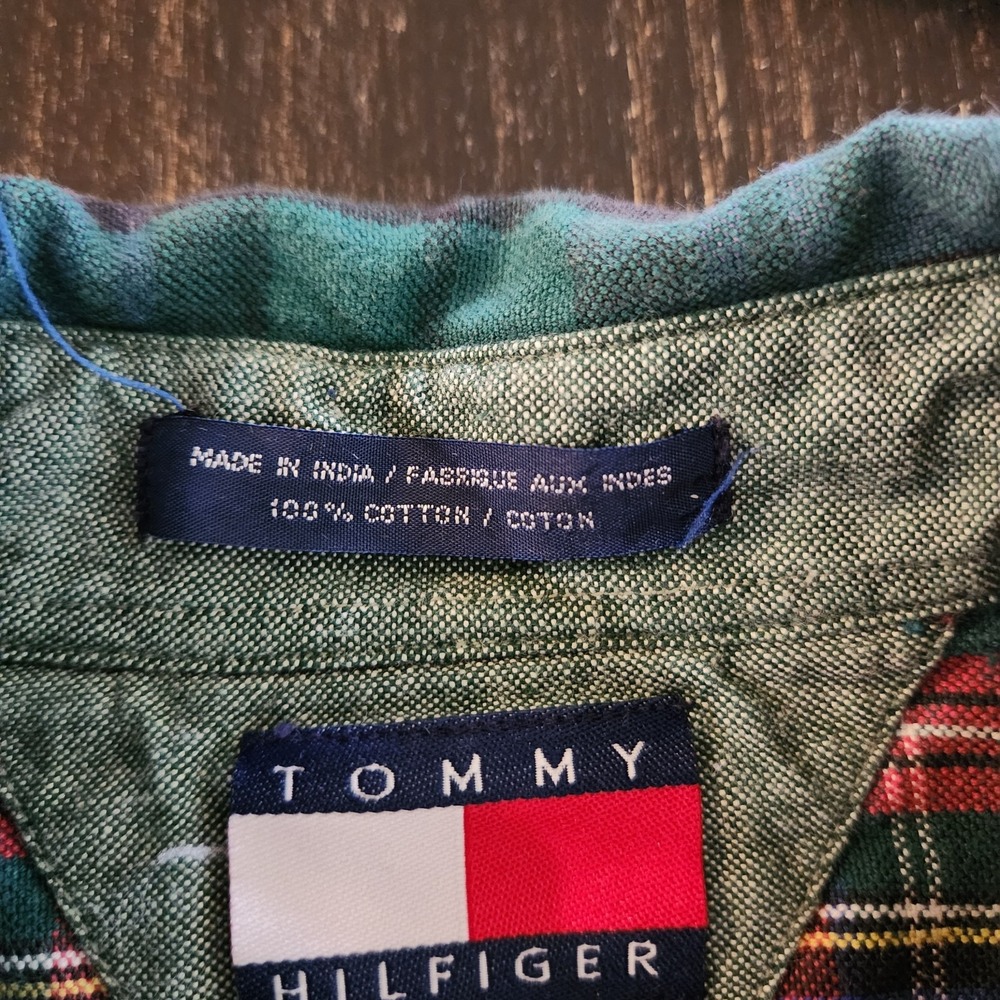 Y2K Tommy Hilfiger Patchwork Tartan Plaid Oxford Button Down Shirt L Academia - Picture 9 of 10
